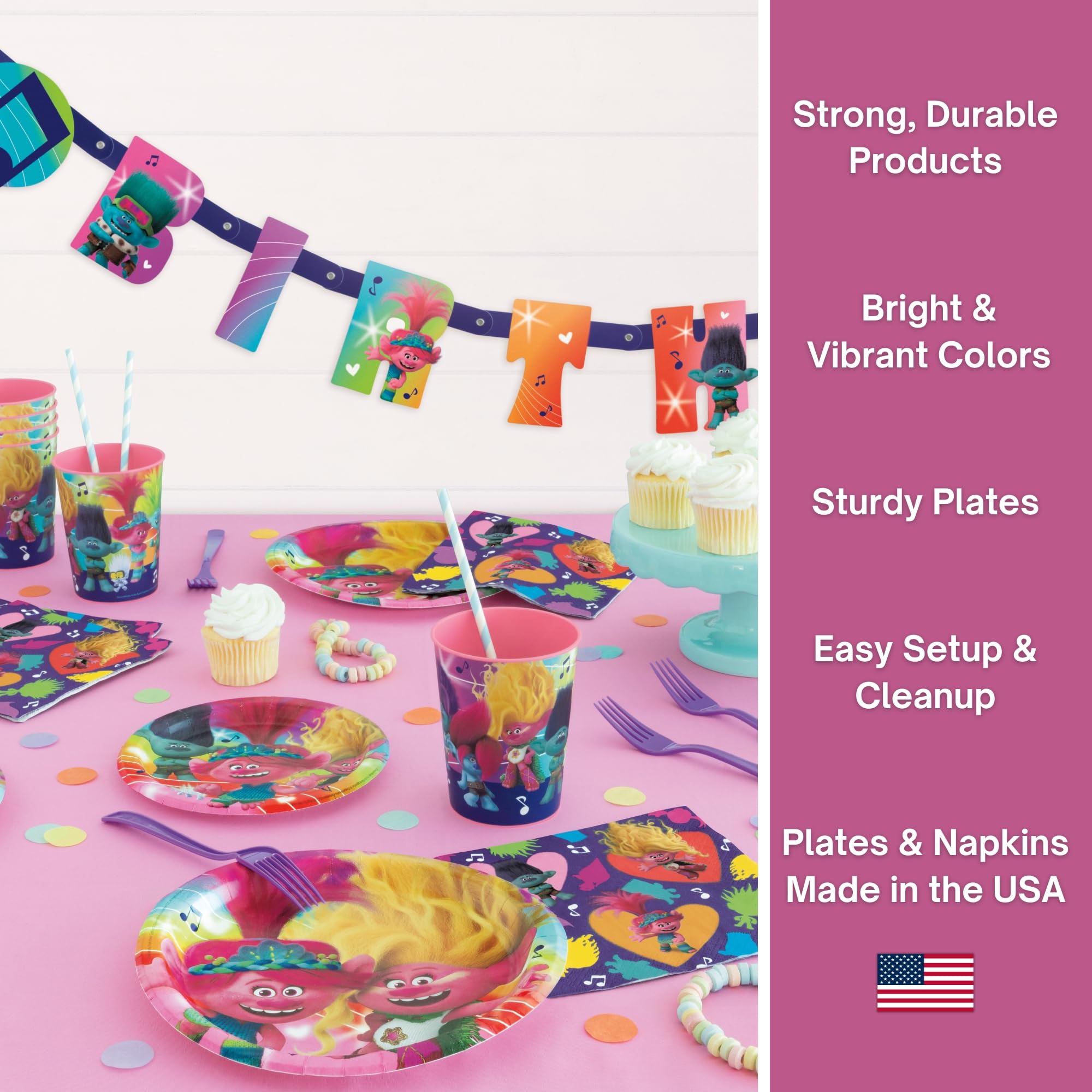 Unique Trolls banner adds a bright, festive Trolls touch.