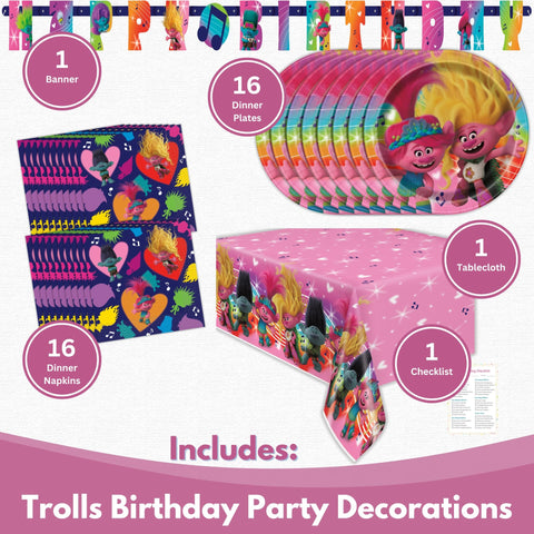 Unique Trolls tablecloth protects surfaces during celebrations.