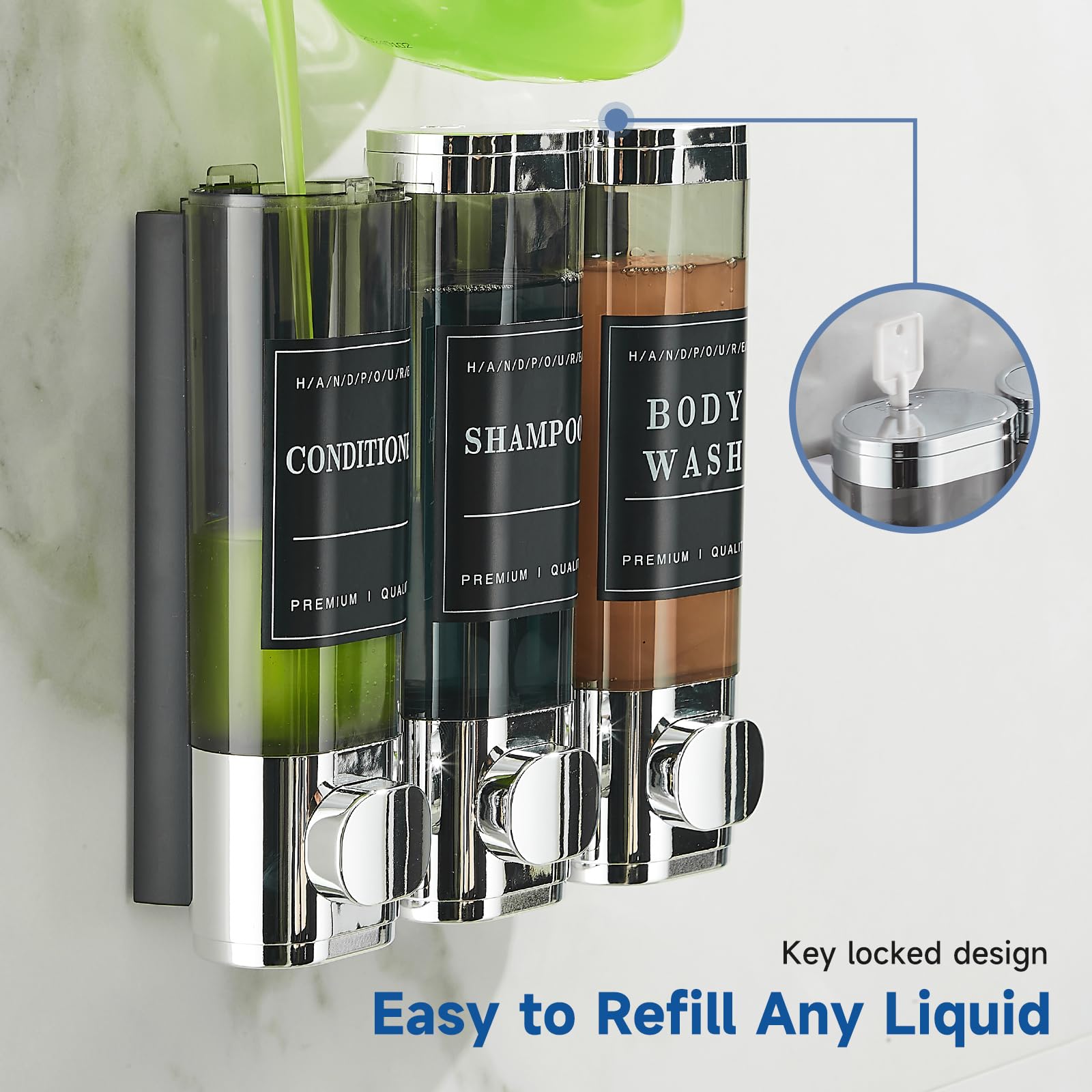 Unisense lockable dispenser keeps contents secure in public showers.