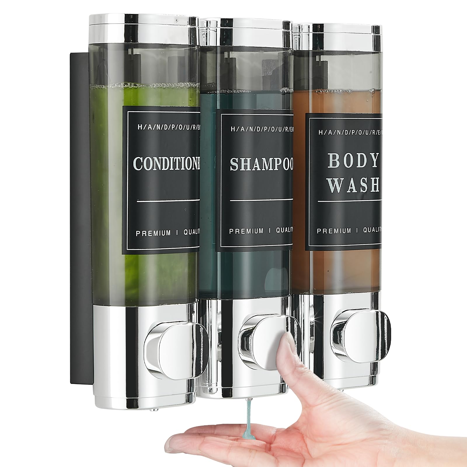 Unisense three-chamber shampoo dispenser for organized shower storage.