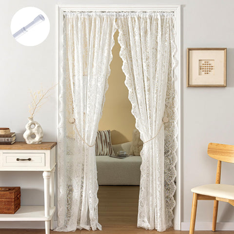 UNISTAR lace sheer curtain with rod set offers soft light diffusion.