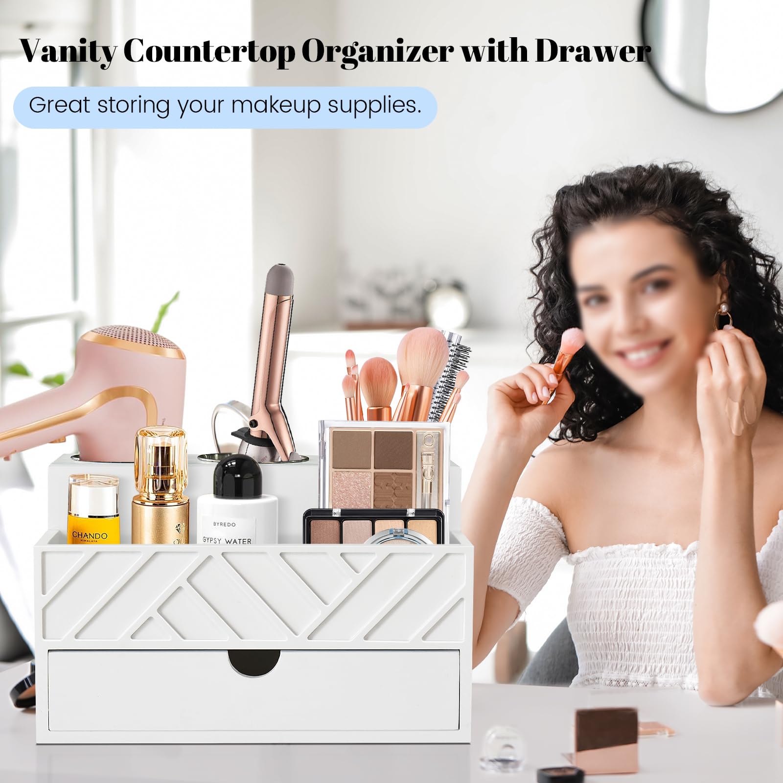Unistyle wooden bathroom countertop organizer adds stylish storage and space.