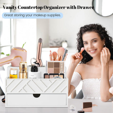 Unistyle wooden bathroom countertop organizer adds stylish storage and space.