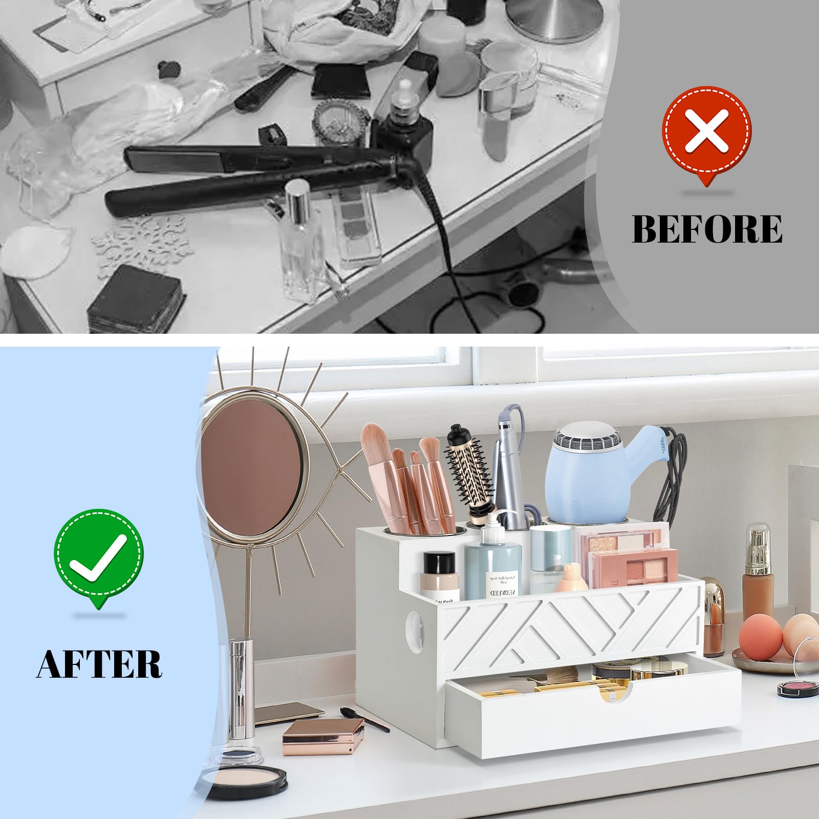 Unistyle cable management holes hide wires for a tidy bathroom.