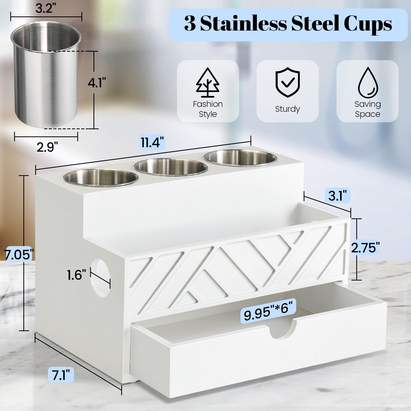Unistyle rustic white vanity organizer enhances any bathroom.