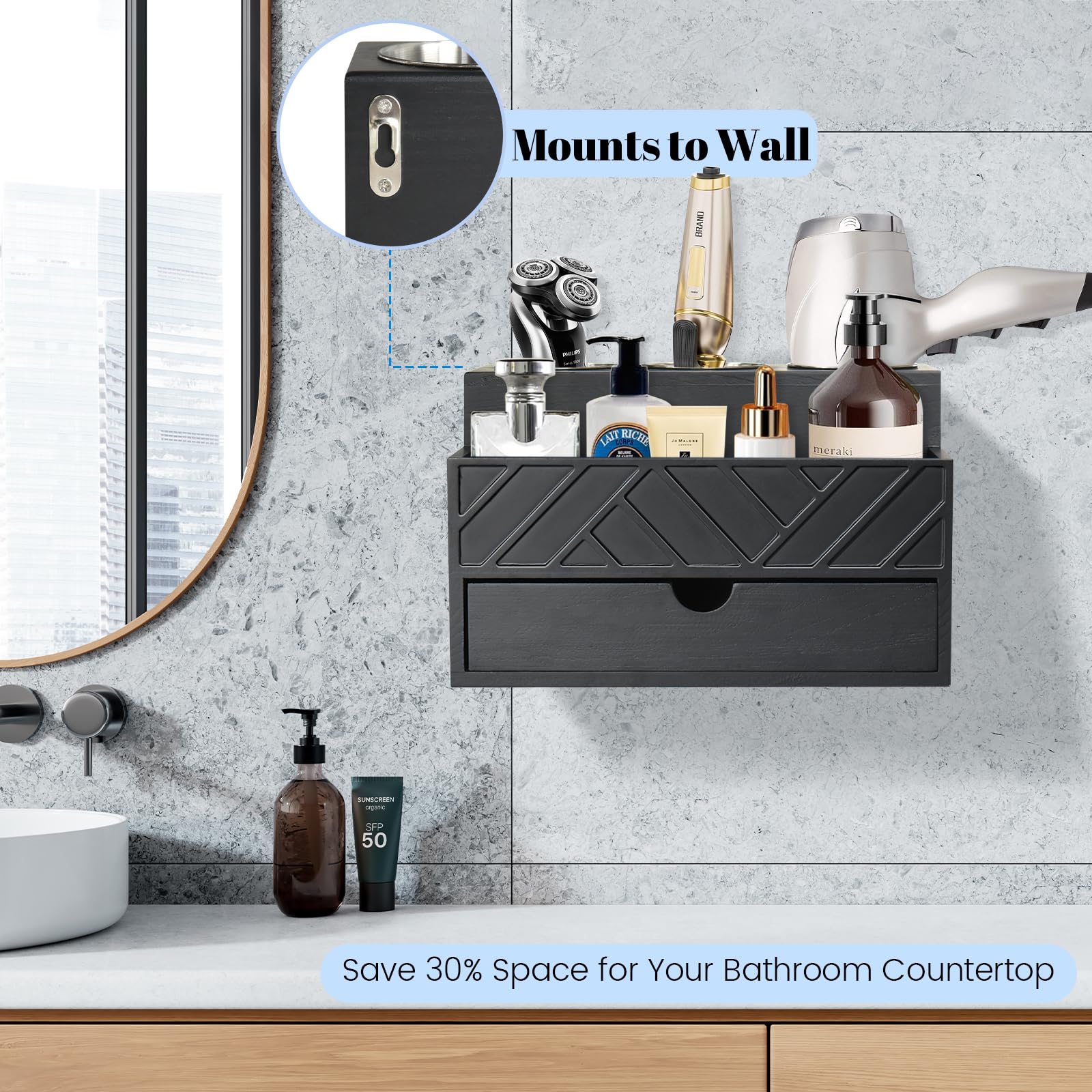 Unistyle sleek black bath organizer with carved design enhances vanity