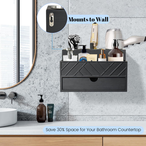 Unistyle sleek black bath organizer with carved design enhances vanity