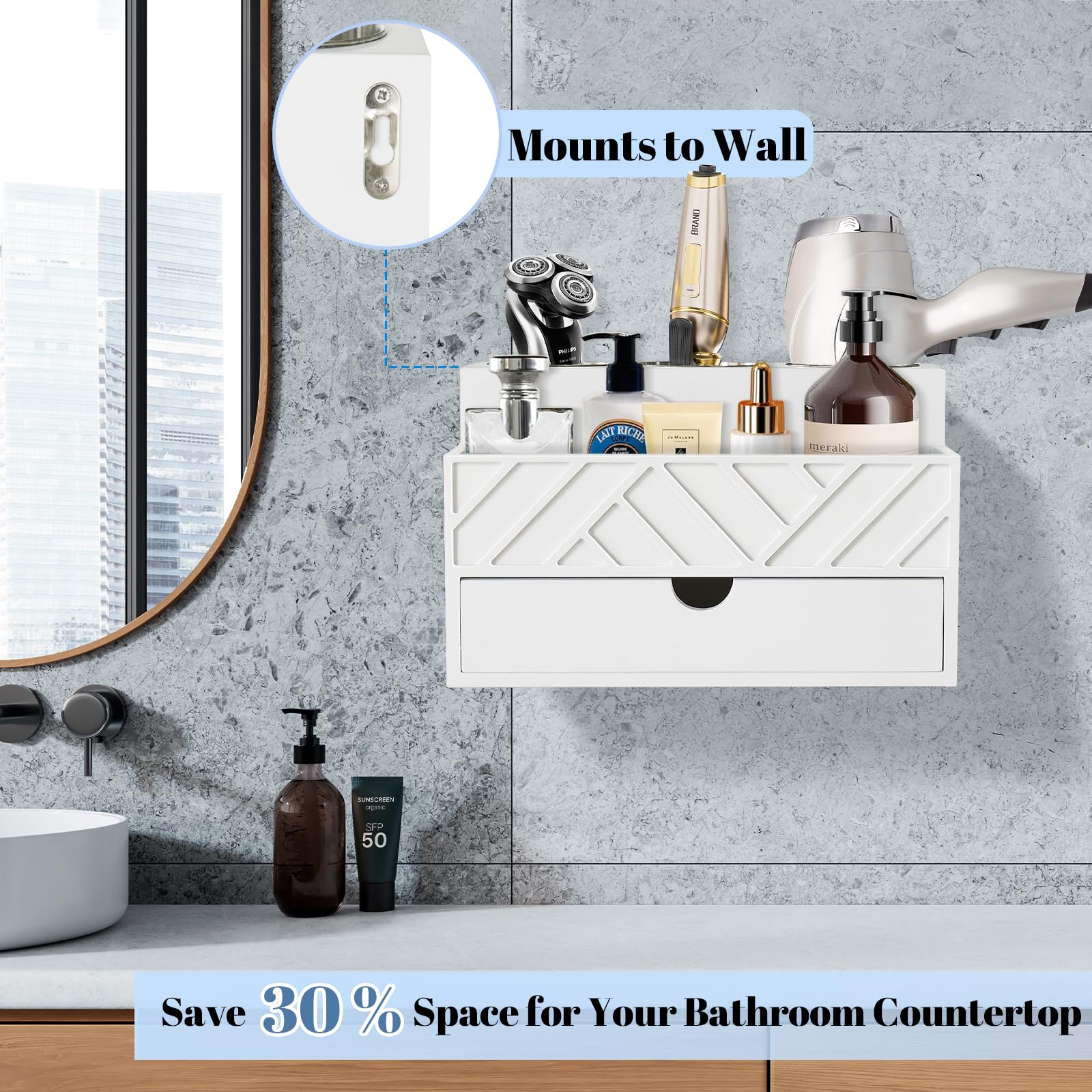 Unistyle three-tier cups securely hold styling tools and reduce clutter.