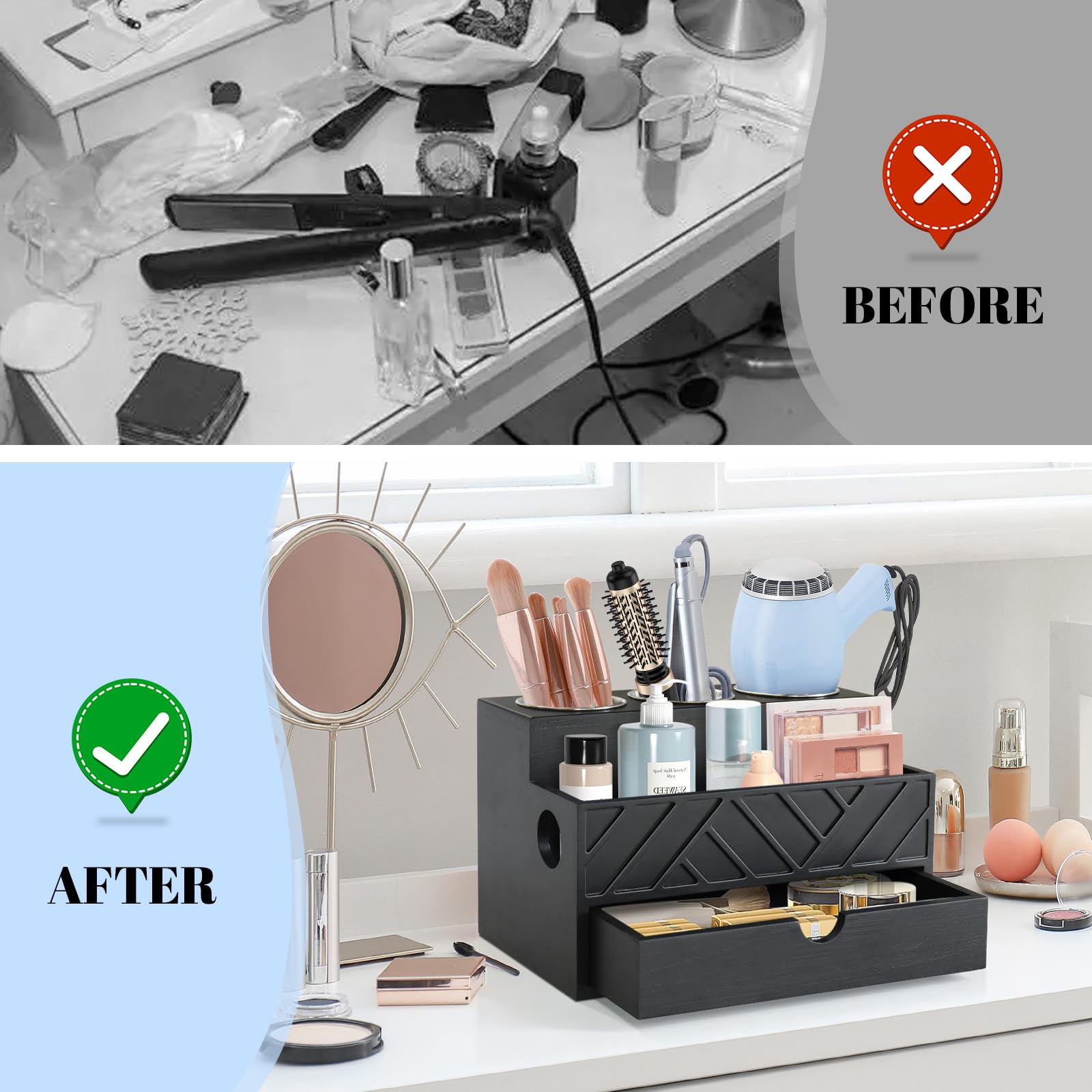 Unistyle three-tier hair tool holder with cable holes reduces clutter