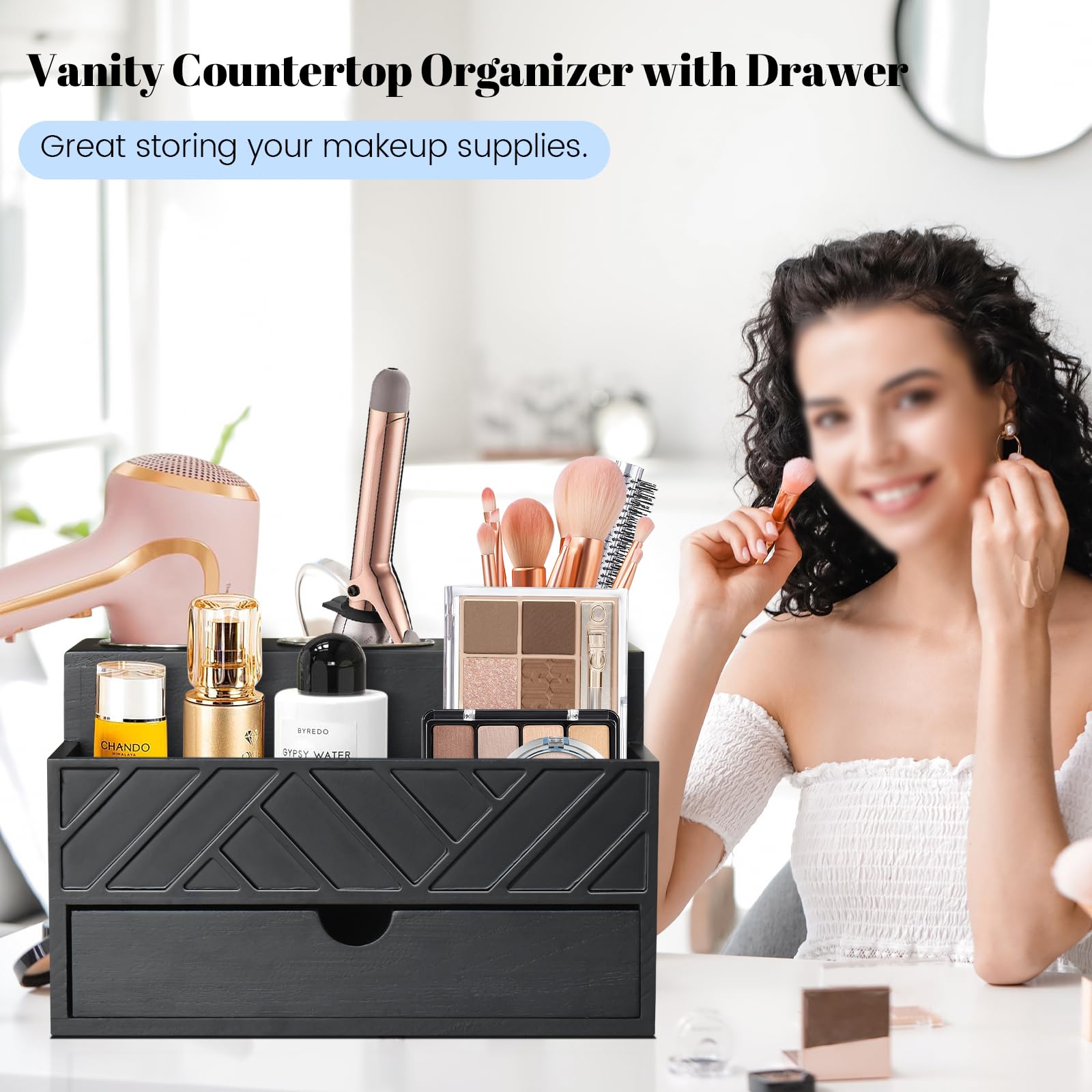 Unistyle wooden hair dryer holder with three cups keeps tools organized