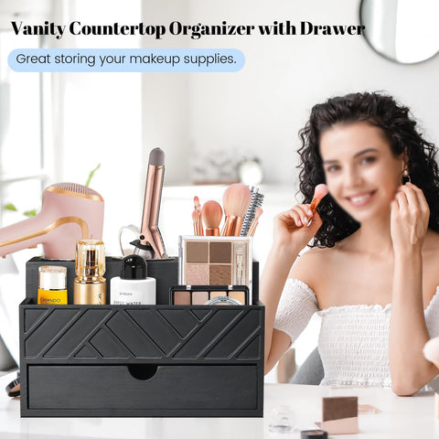 Unistyle wooden hair dryer holder with three cups keeps tools organized