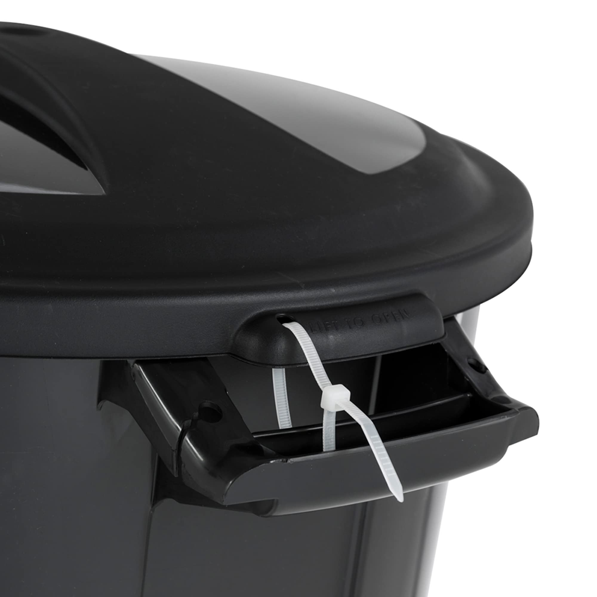 United Solutions 20gal round waste container lid attached for convenient loading.