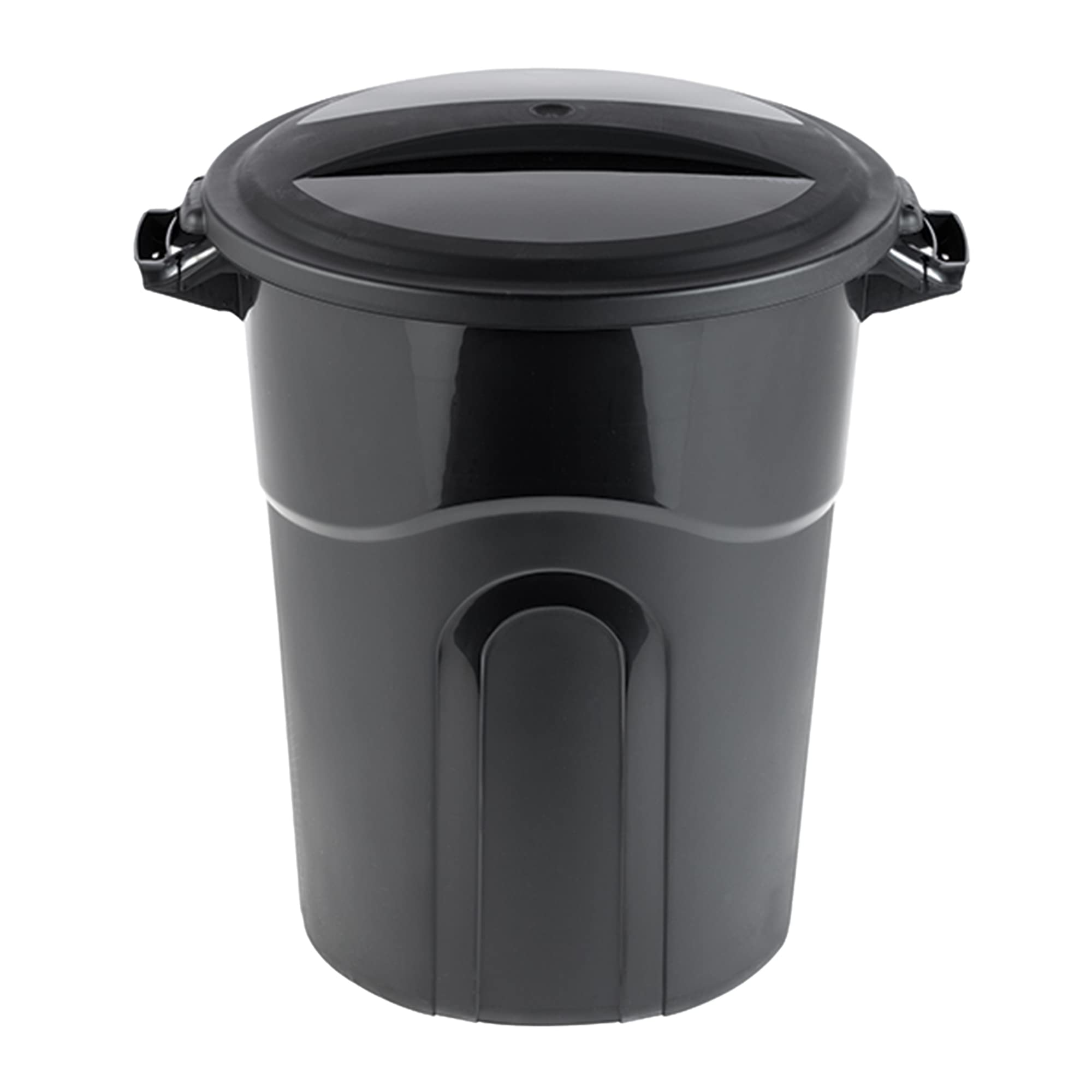 United Solutions 20gal round waste container with side handles for easy transport.