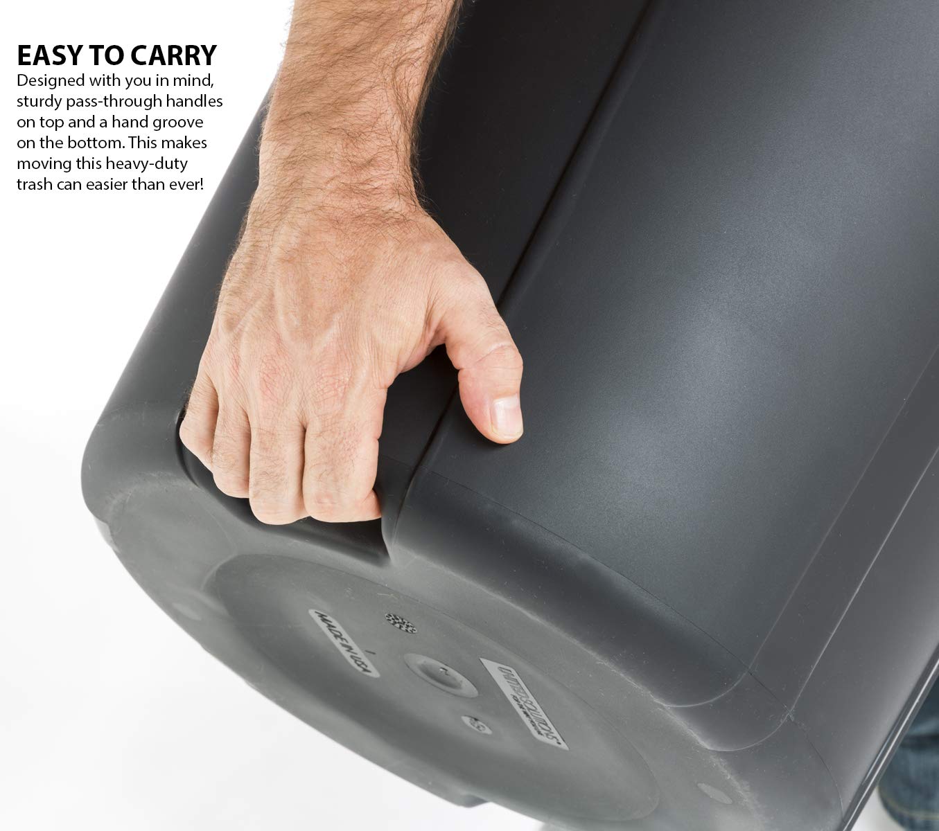 Tapered design of United Solutions 32-gallon can eases bag removal and replacement.
