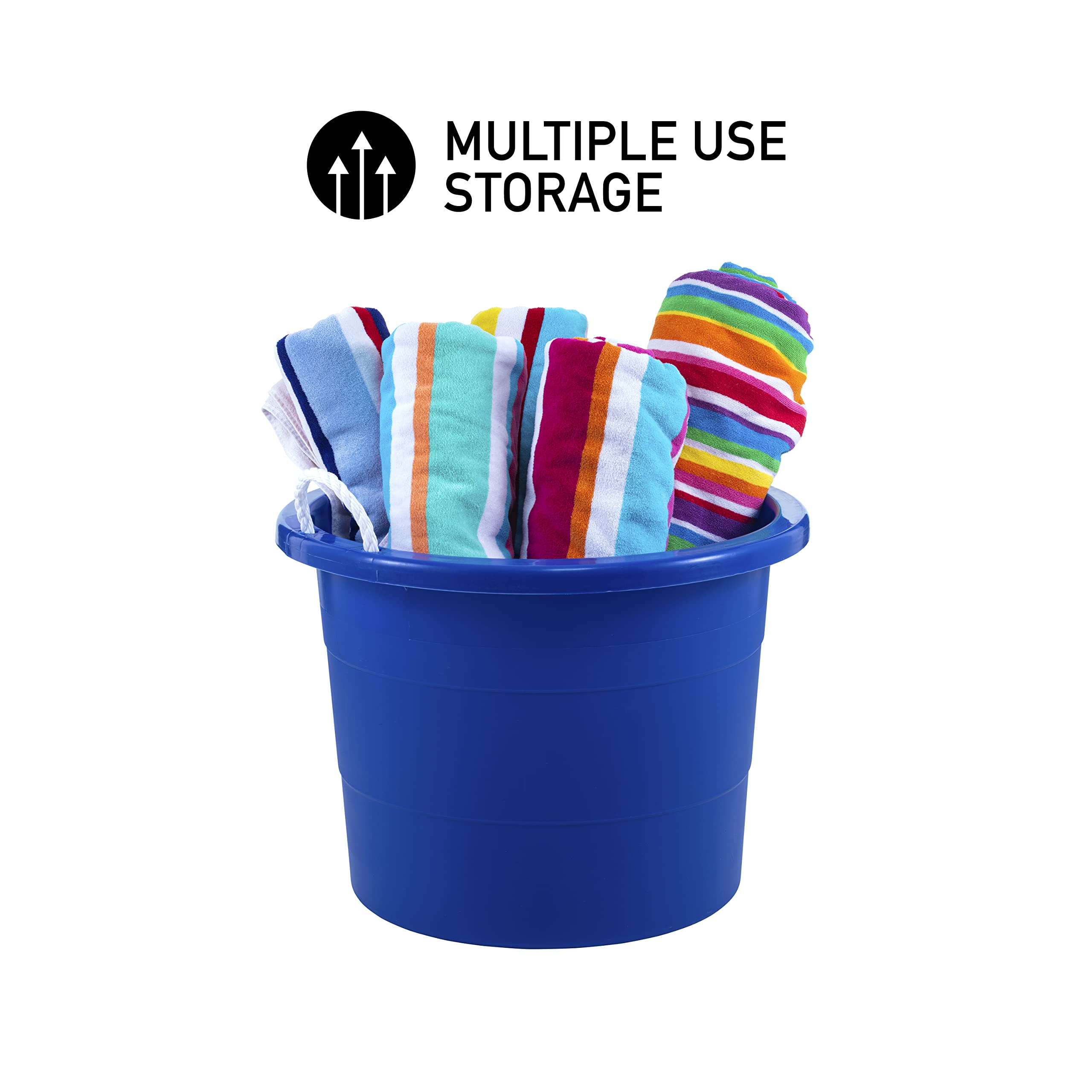 Blue United Solutions tub stacked with other bins for space saving