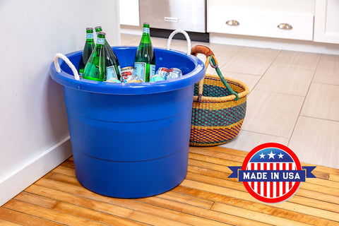 Blue United Solutions tub filled with beverages for easy serving