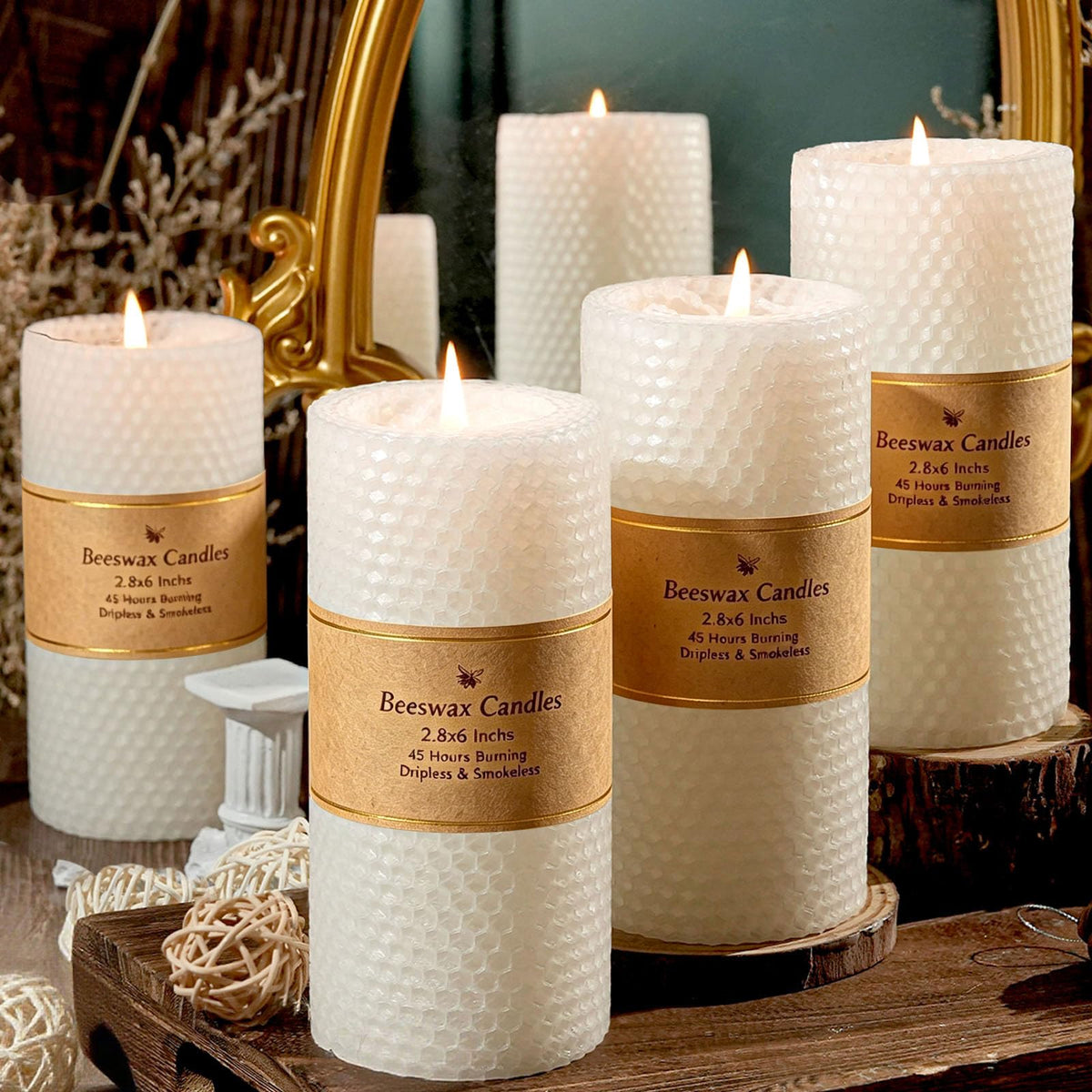 Uniteland 4-pack beeswax pillar candles in white, 2.8x6 in, long-burning for ambiance.