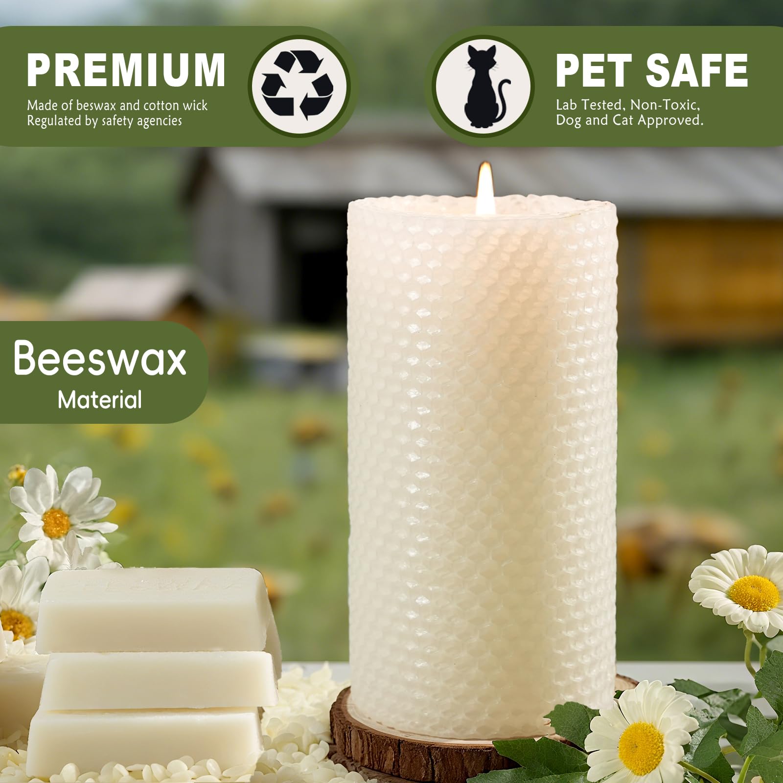 Uniteland hand-rolled beeswax candle texture closeup showing artisanal honeycomb finish.
