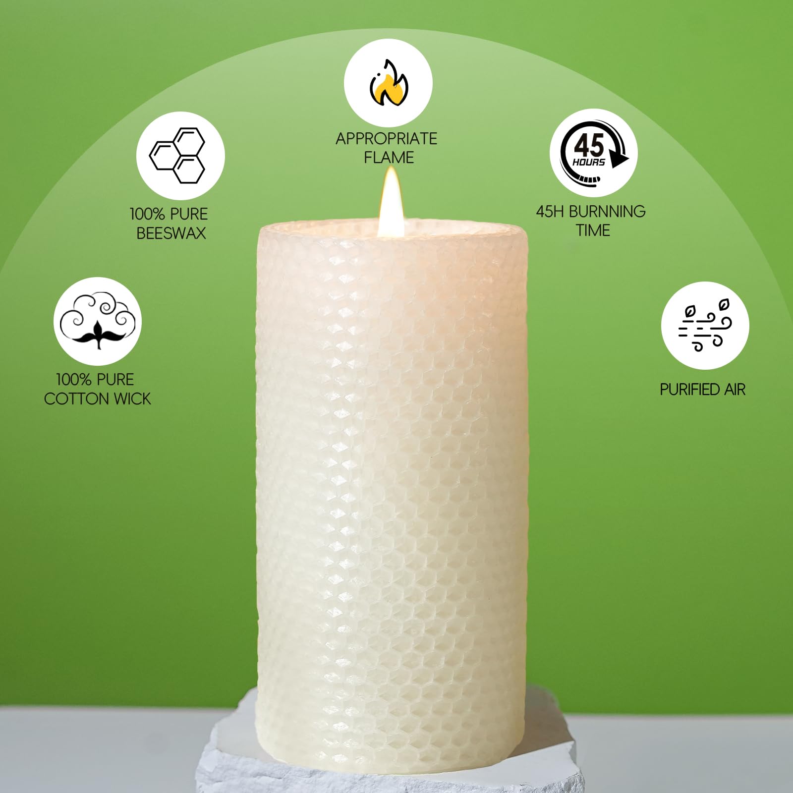 Uniteland honeycomb detail highlights craftsmanship of pure beeswax candle.