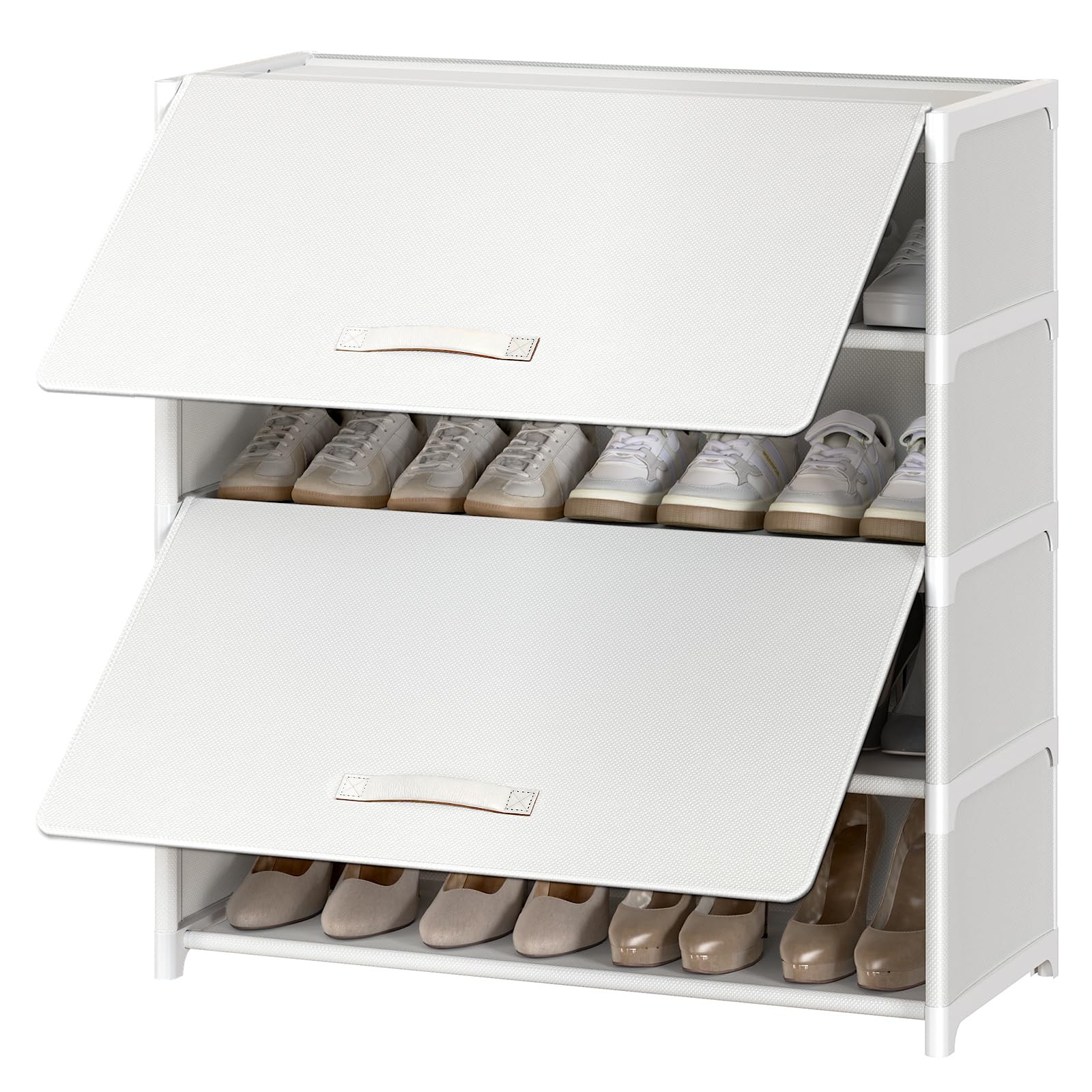 UNITSTAGE 5-tier shoe rack with door keeps shoes organized and protected from dust.