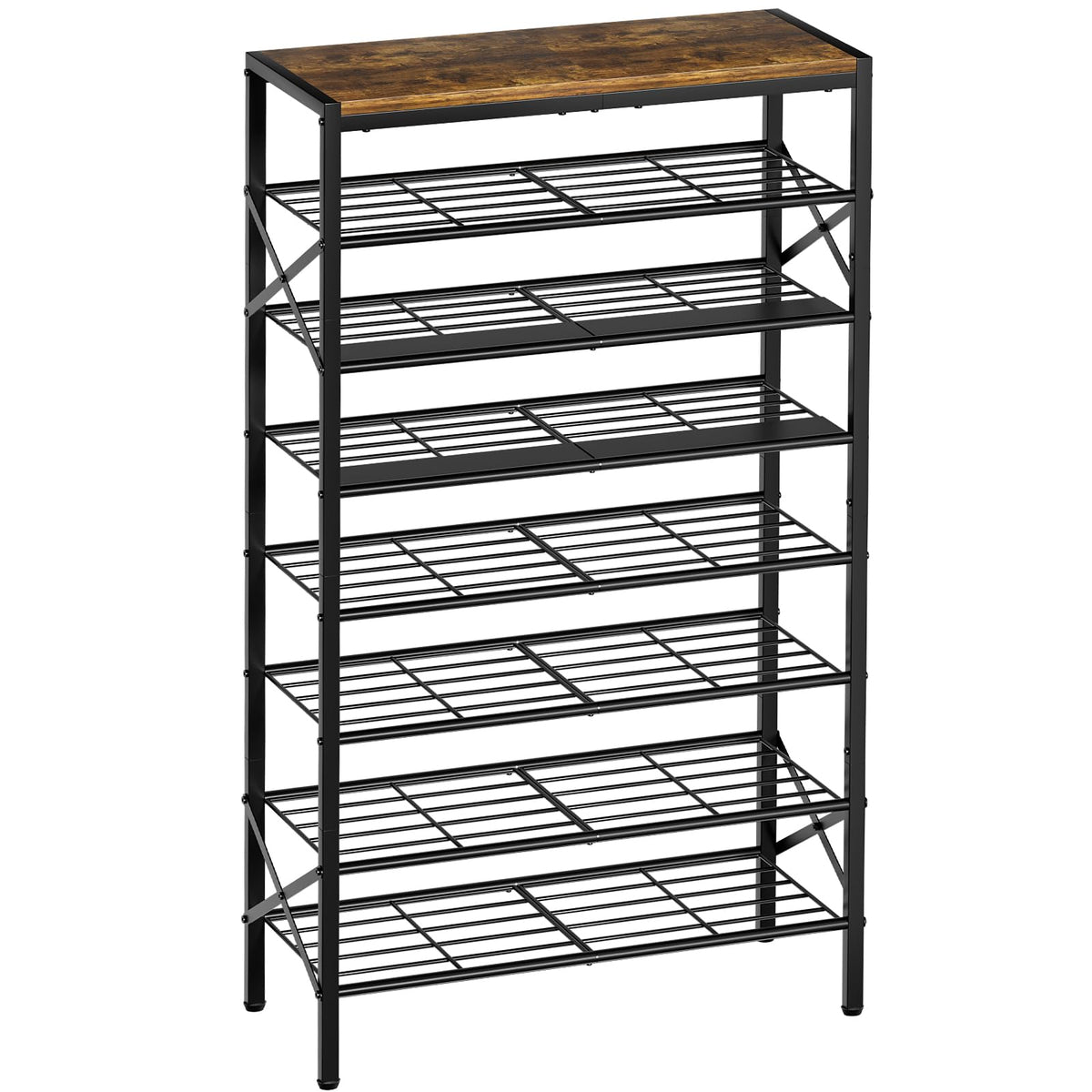 UNITSTAGE 8-tier rack front view shows spacious storage for 24–32 pairs.