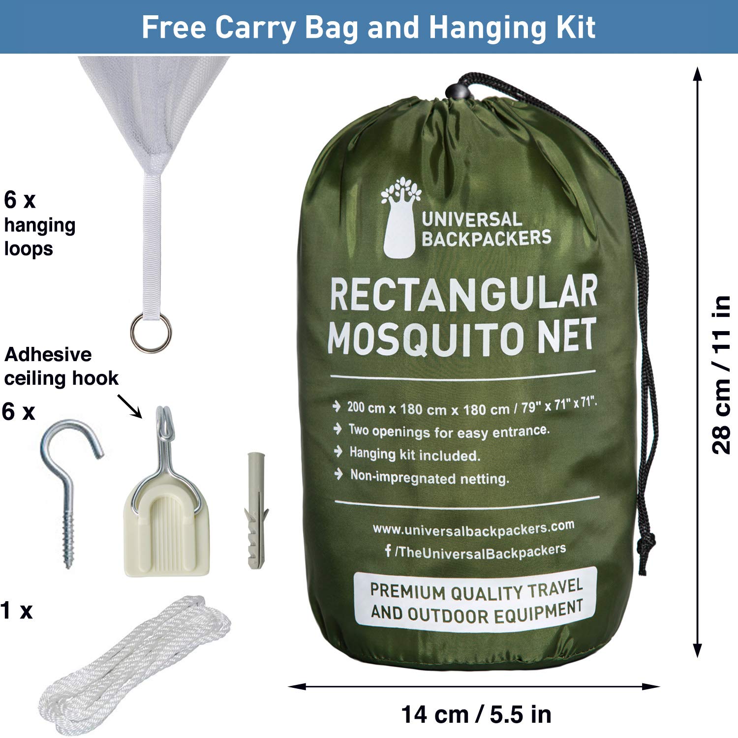 Universal Backpackers bed canopy includes carrying bag for travel and storage.