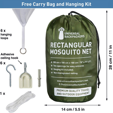 Universal Backpackers bed canopy includes carrying bag for travel and storage.