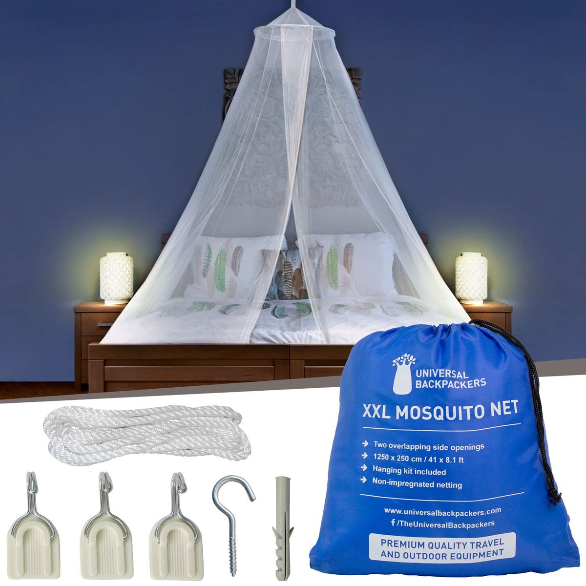 Universal Backpackers mosquito net with two openings over a bed for easy entry