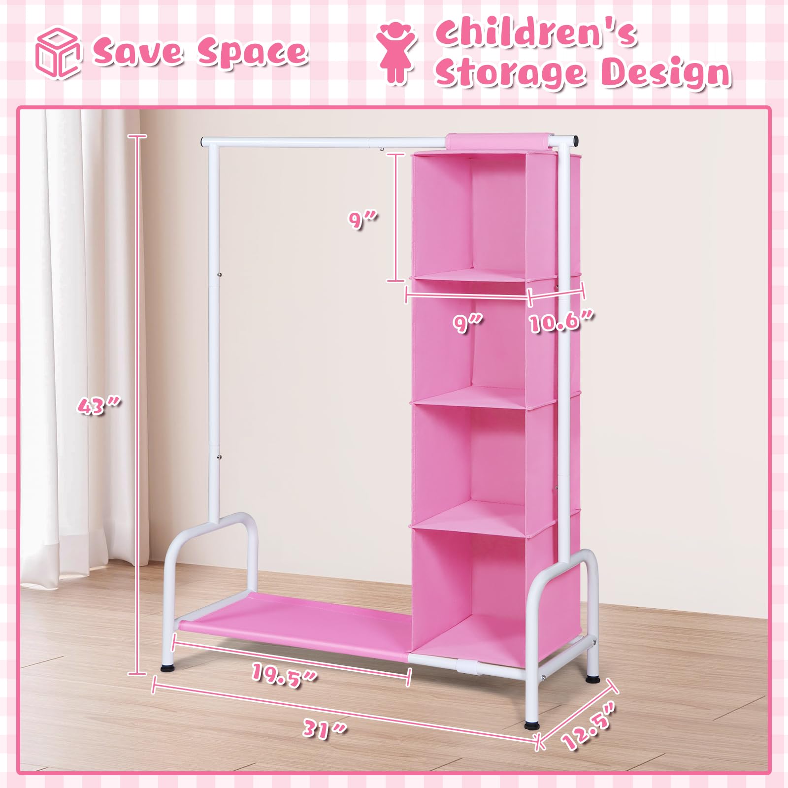 Univivi 43 tall kids rack offers durable metal construction supporting clothes and costumes.
