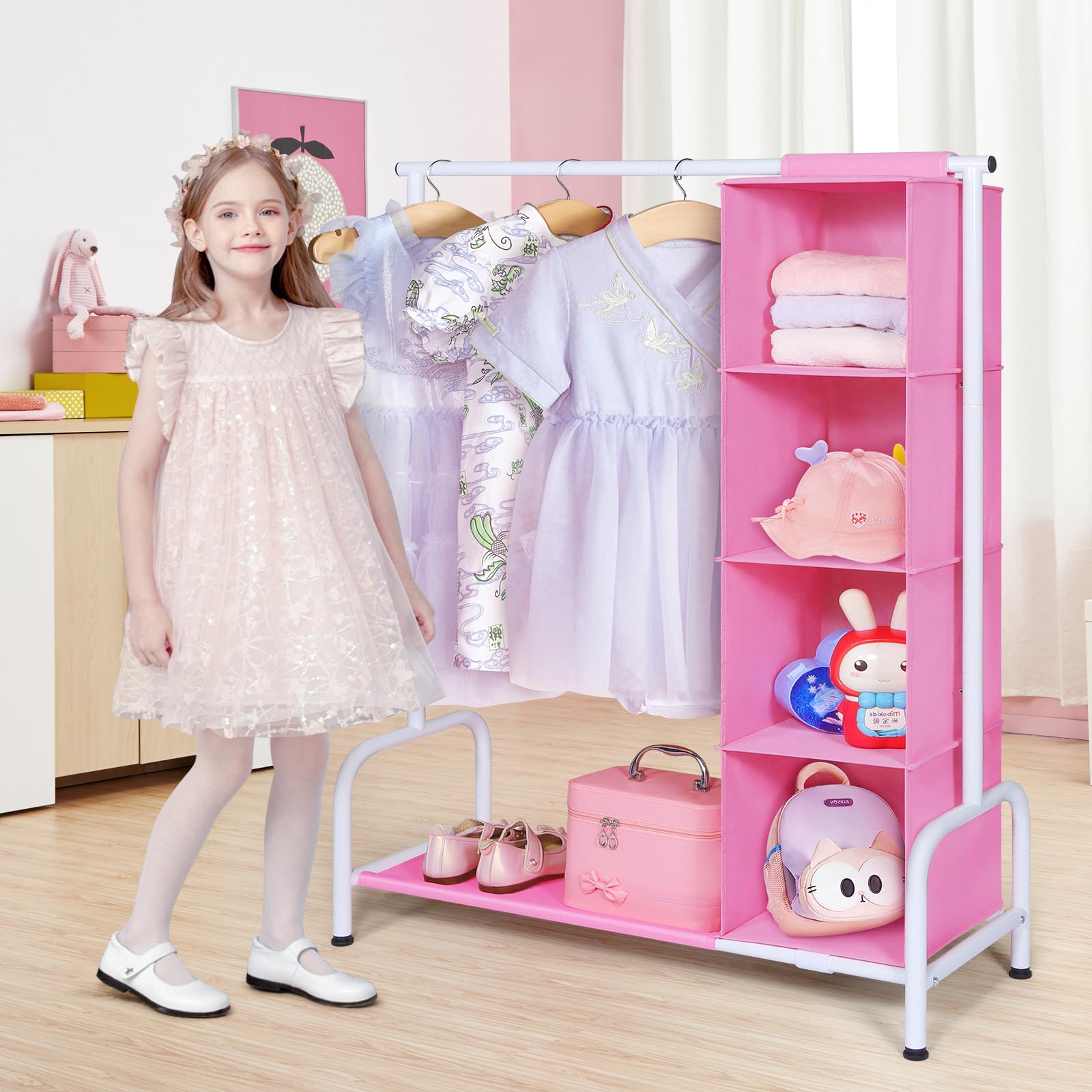 Univivi 43 tall rack with side organizer for easy toy and accessory storage.