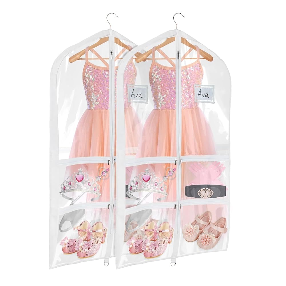 Univivi clear garment bag for dance costumes, 40 inch front view keeps outfits dust-free.
