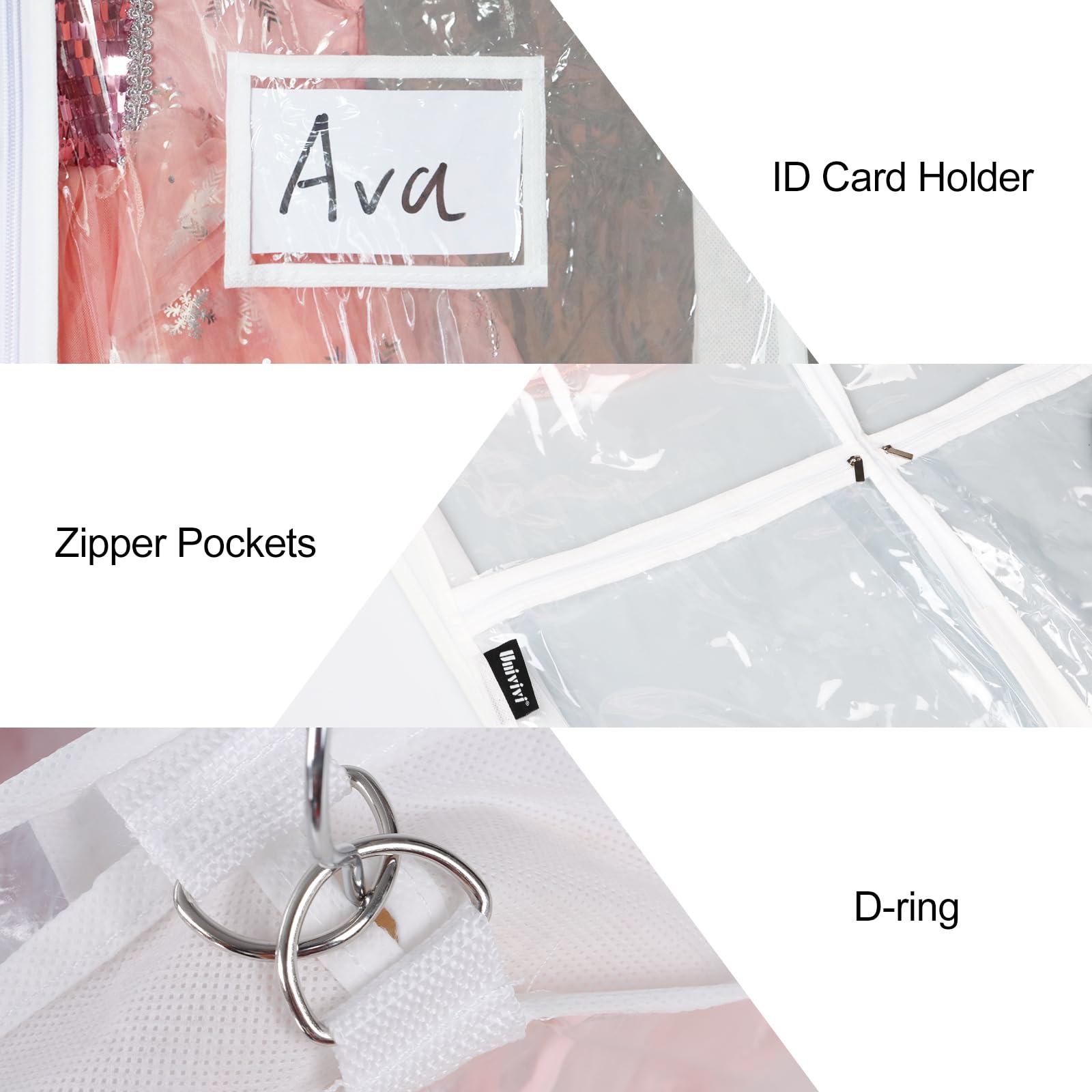 Univivi garment bag back pocket, zippered, spacious for shoes or accessories.