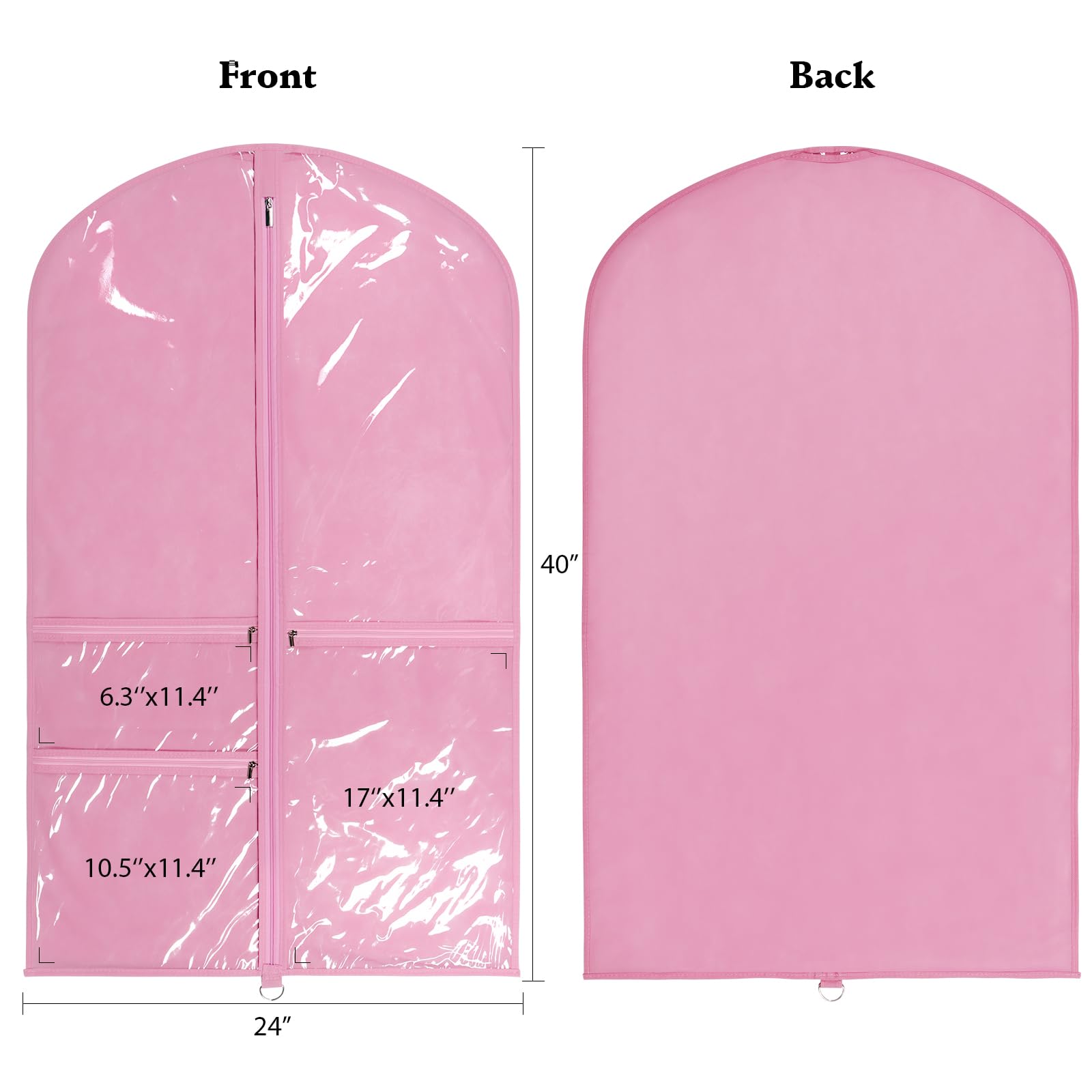Univivi pink dance costume bag open pocket clearly shows 3 zipper pockets for shoes.