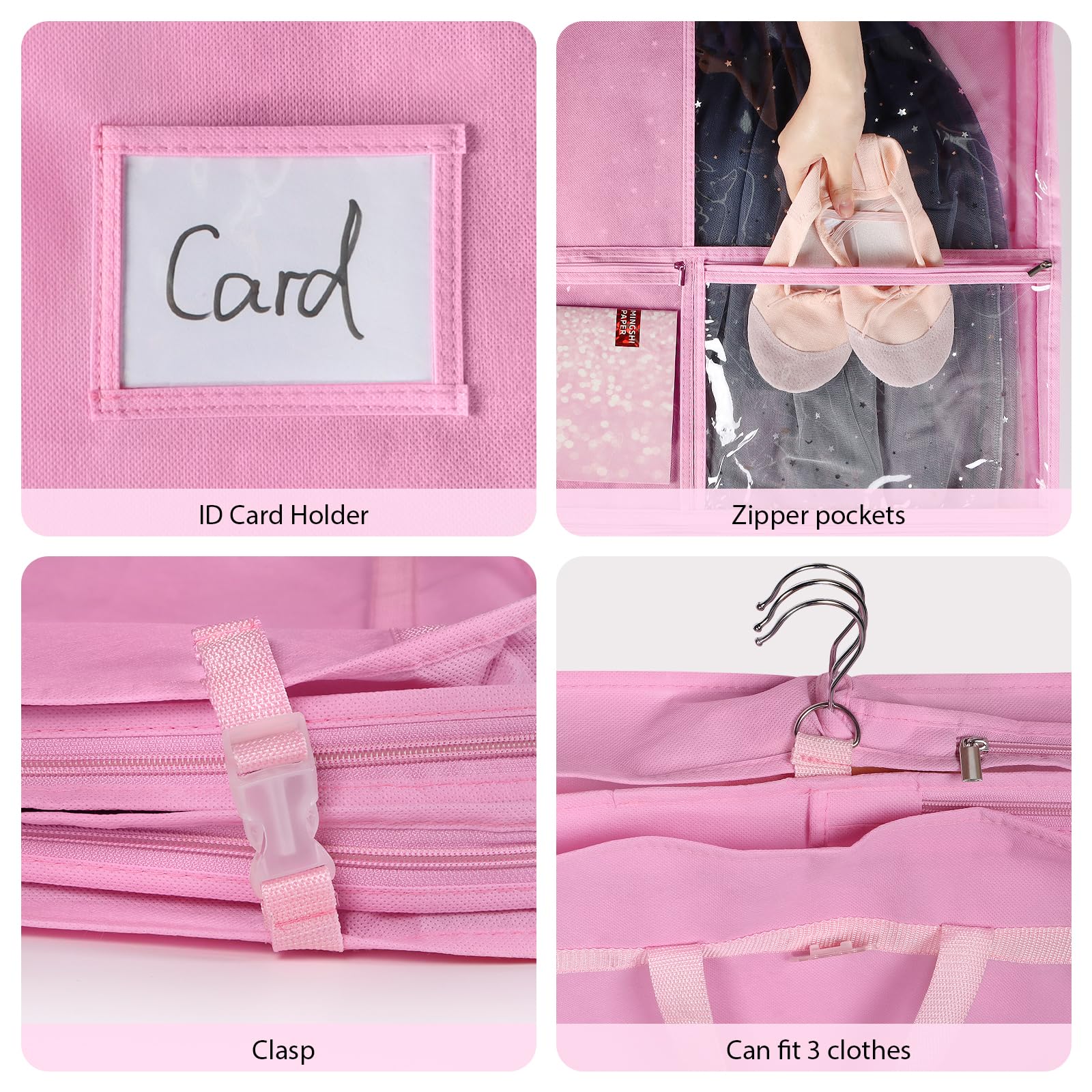 Univivi pink garment bag pockets close-up showing shoes and accessories storage