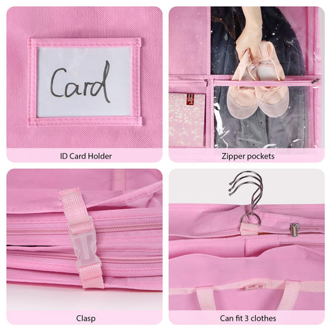 Univivi pink garment bag pockets close-up showing shoes and accessories storage