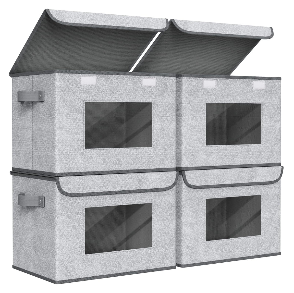 Univivi fabric foldable storage boxes front view in gray, 4-pack for organized closets.