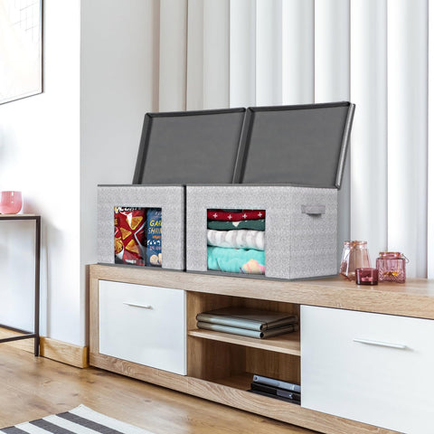 Univivi foldable storage box gray side handles for easy lifting.