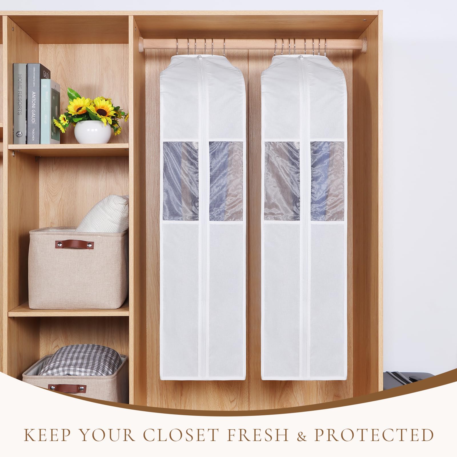 Univivi garment bag in closet setup showing tidy wardrobe