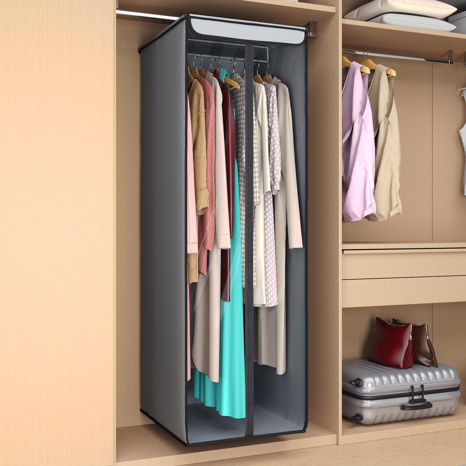 Univivi hanging closet storage bag with metal hanger provides sturdy support for coats.