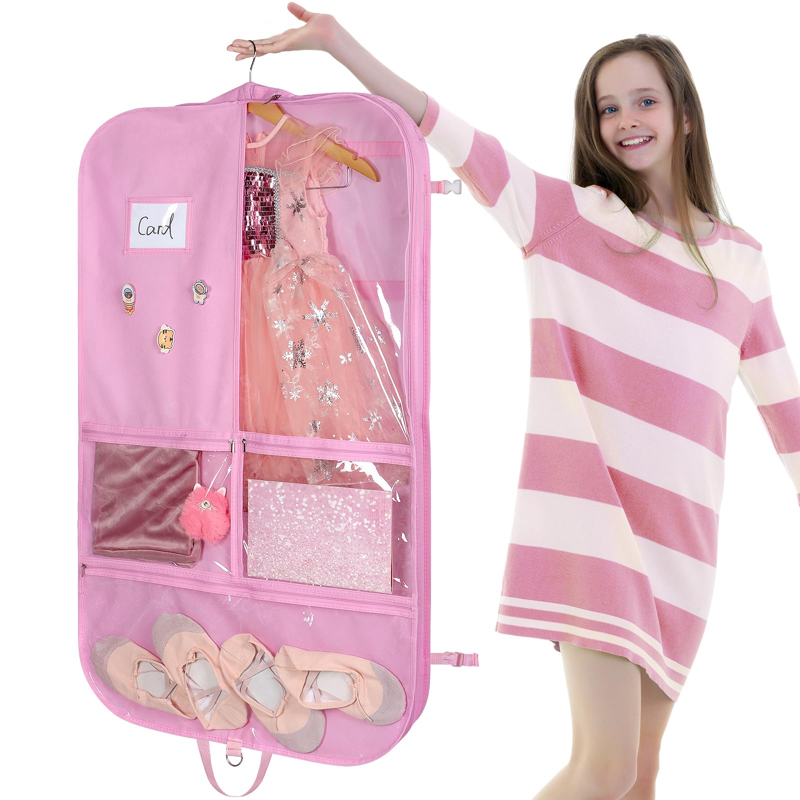 Univivi pink garment bag plush doll and badges for personalization