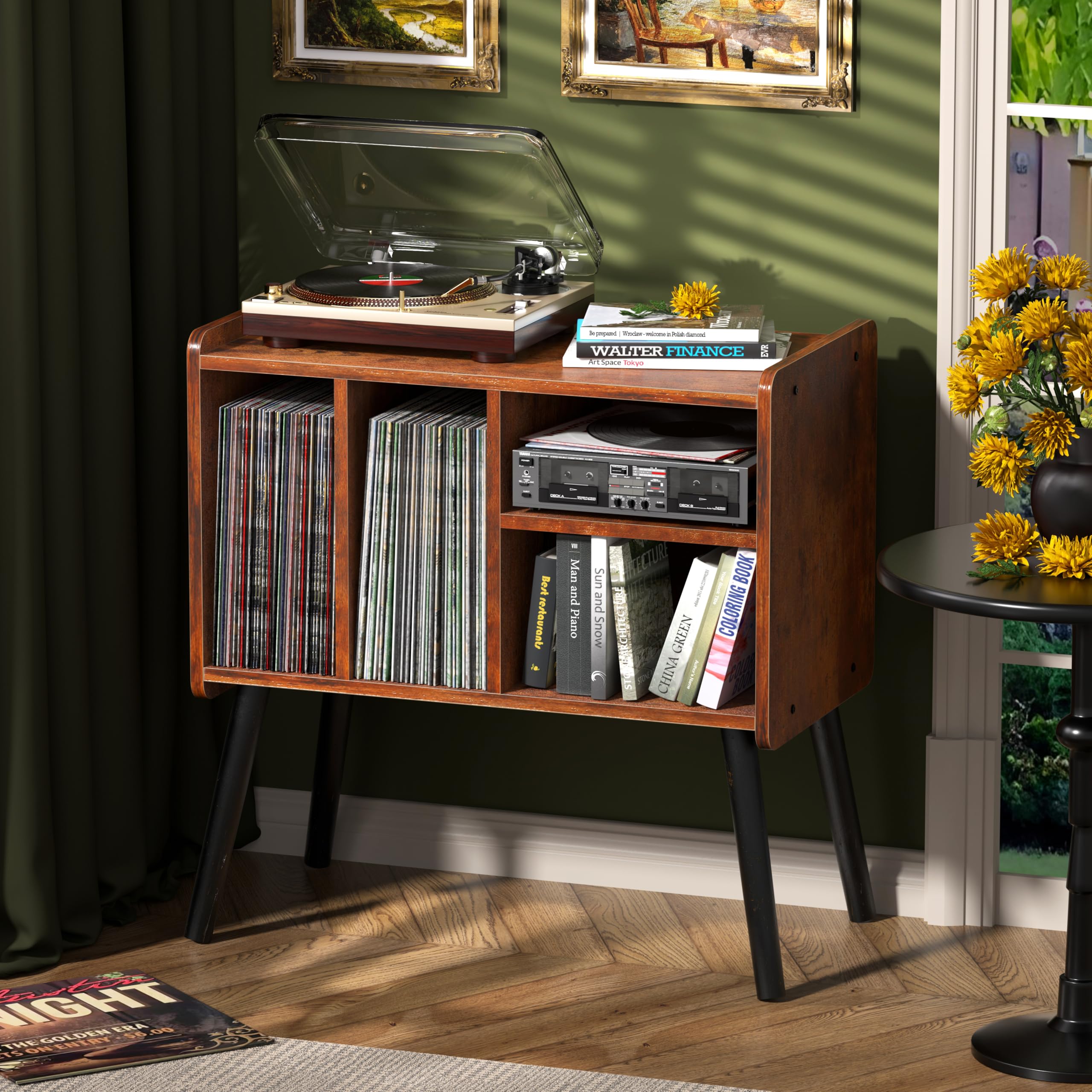 Assembled UODERS record player table placed in living room setup
