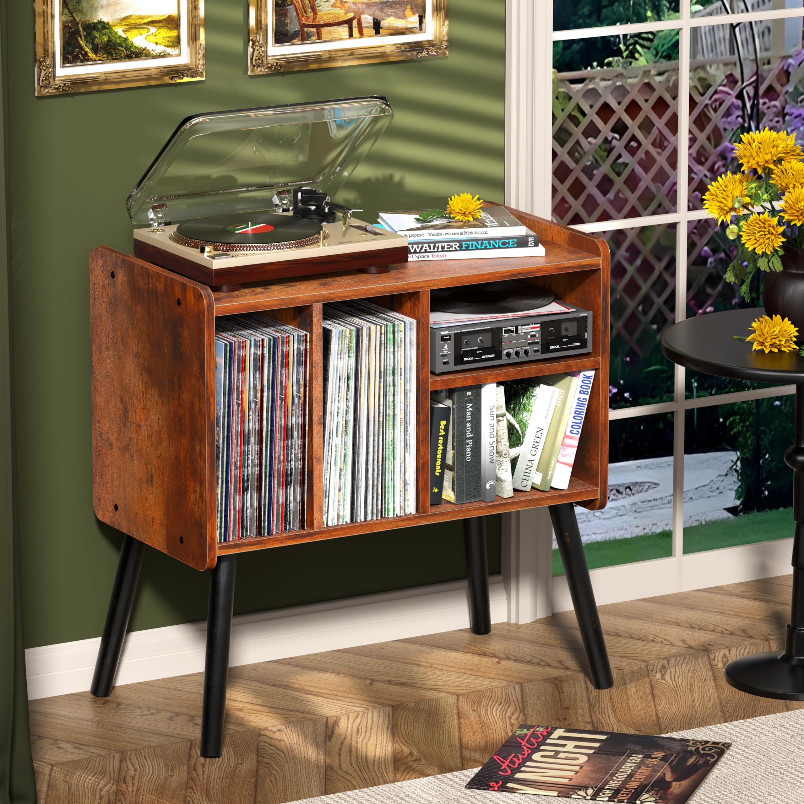 UODERS record player table side view highlighting solid wood legs and mid-century design