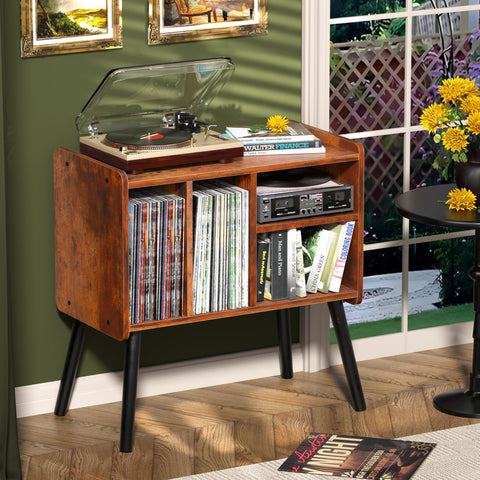 UODERS record player table side view highlighting solid wood legs and mid-century design