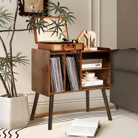 UODERS record player table used as nightstand in a cozy bedroom