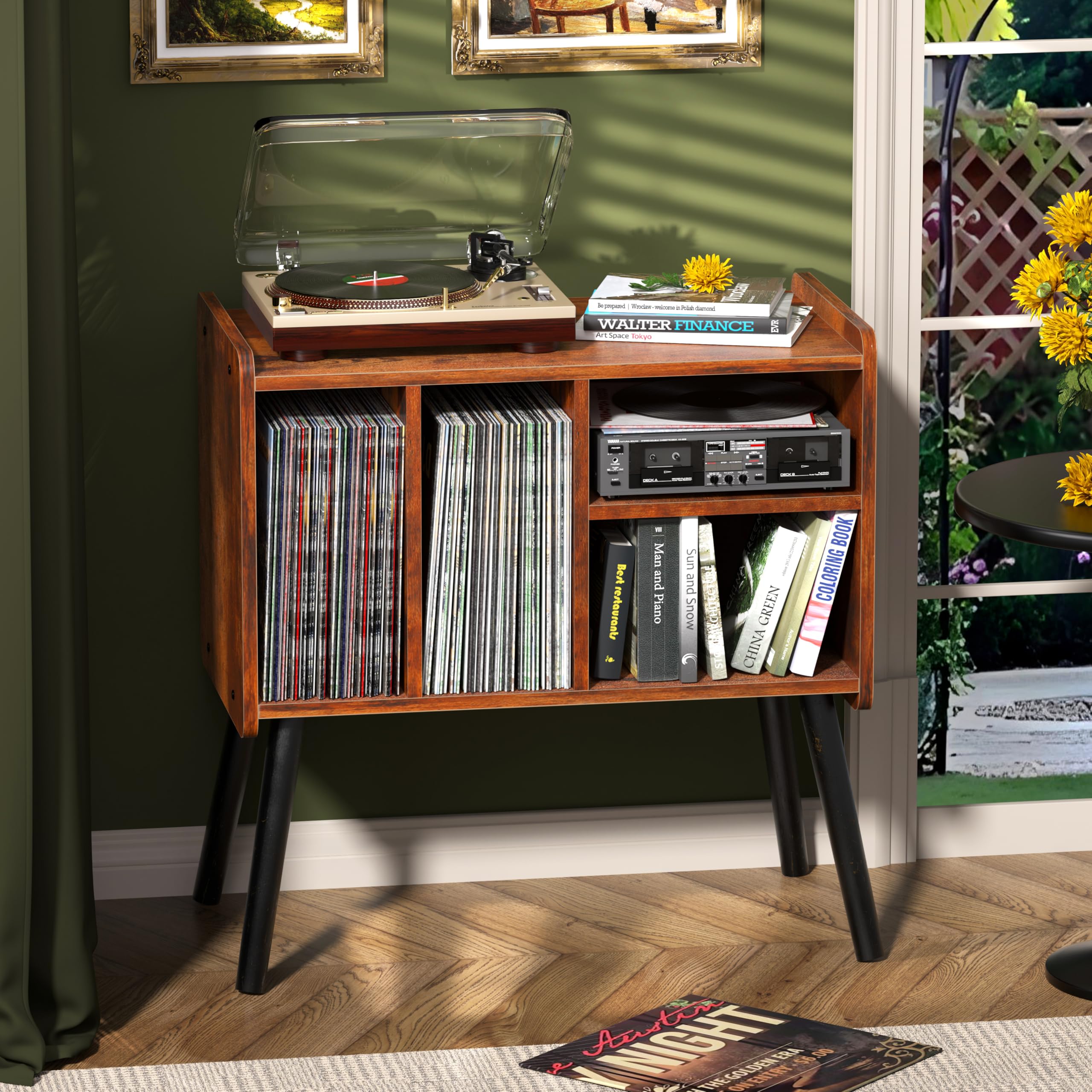 Close-up of UODERS record player table wood texture and warm finish