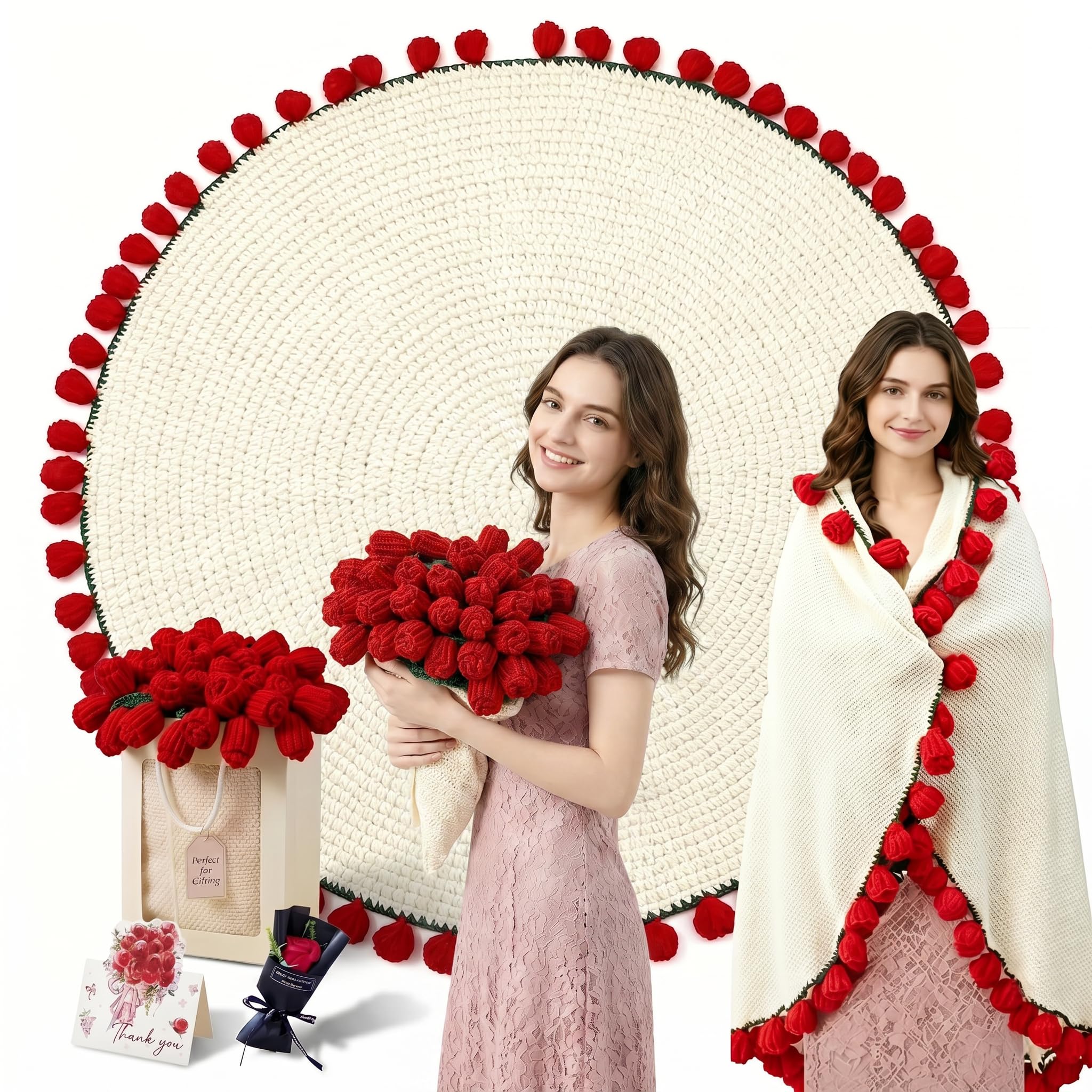 UODOR flower bouquet blanket centerpiece with handmade crochet roses for elegant home decor.