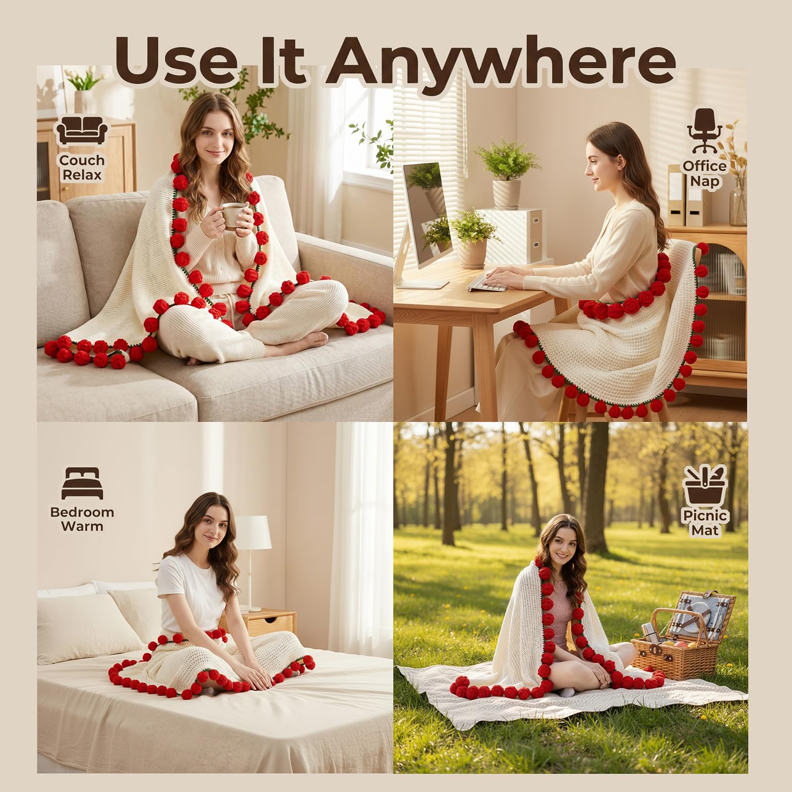 UODOR handmade rose bouquet blanket showcasing artisanal crochet craftsmanship.