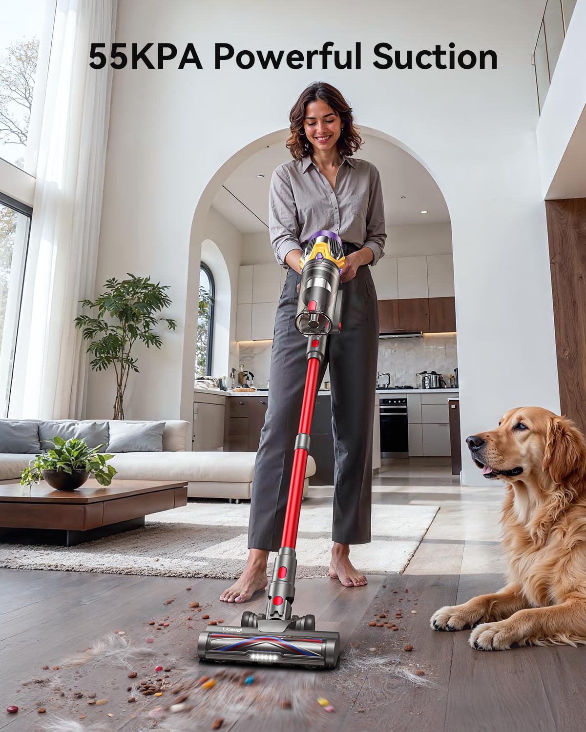 Uosogi cordless vacuum with hurricane mode activated for tough messes.