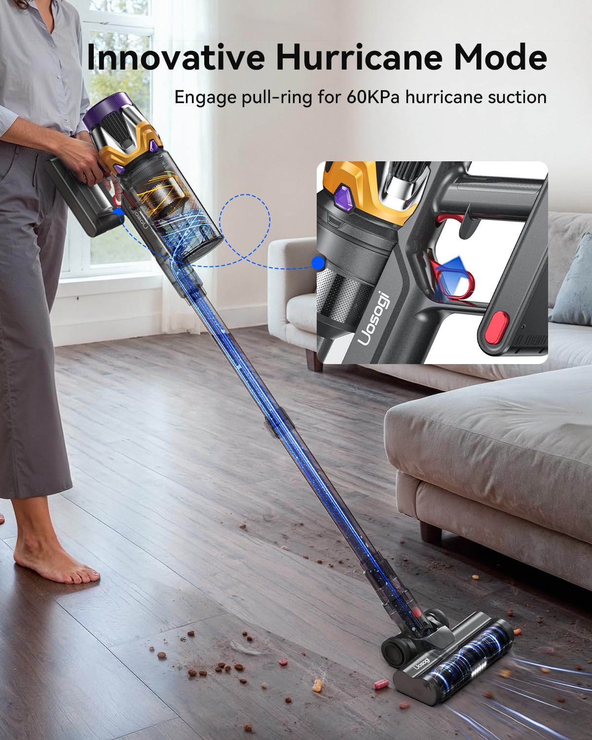 Uosogi cordless vacuum V-shaped anti-tangle brush clears pet hair.