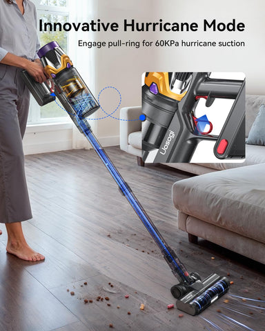 Uosogi cordless vacuum V-shaped anti-tangle brush clears pet hair.